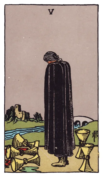 La carta Cinco de Copas del tarot Rider-Waite