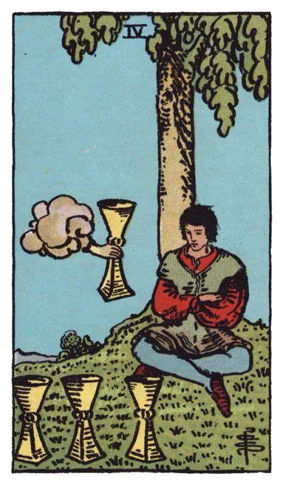 La carta Cuatro de Copas del tarot Rider-Waite