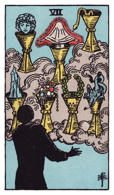 A carta Sete de Copas do tarô Rider-Waite