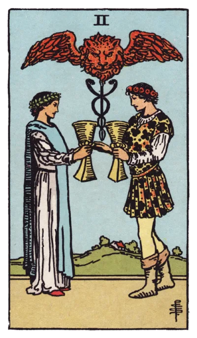 La carta Dos de Copas del tarot Rider-Waite