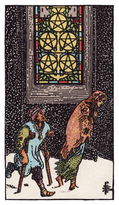 La carta Cinque di Denari dei tarocchi Rider-Waite