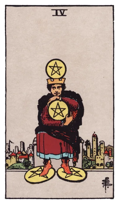A carta Quatro de Ouros do tarô Rider-Waite