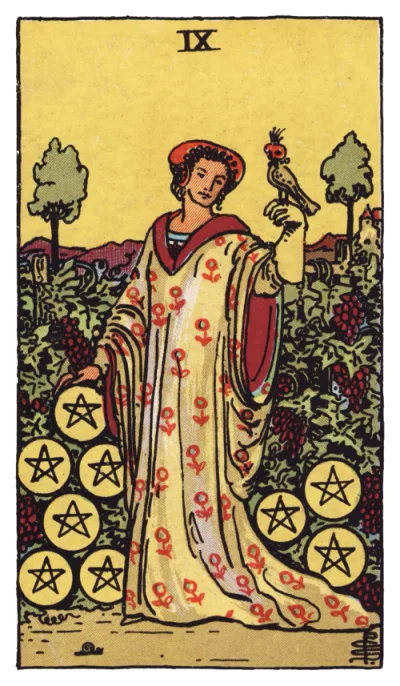 La carte Neuf de Deniers du tarot Rider-Waite