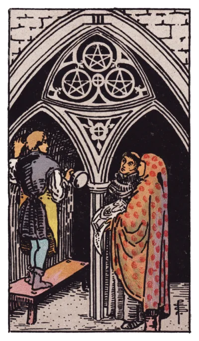 La carta Tre di Denari dei tarocchi Rider-Waite