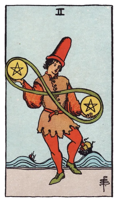 La carta Due di Denari dei tarocchi Rider-Waite