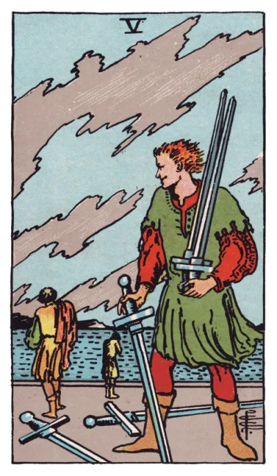 La carte Cinq d'Épées du tarot Rider-Waite