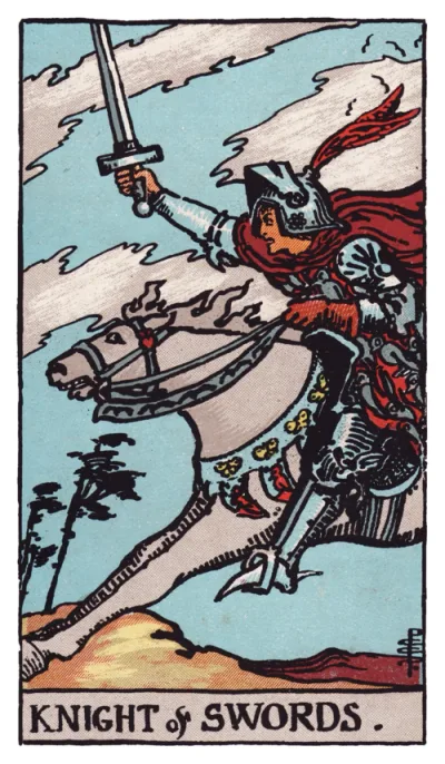 La carte Cavalier d'Épées du tarot Rider-Waite