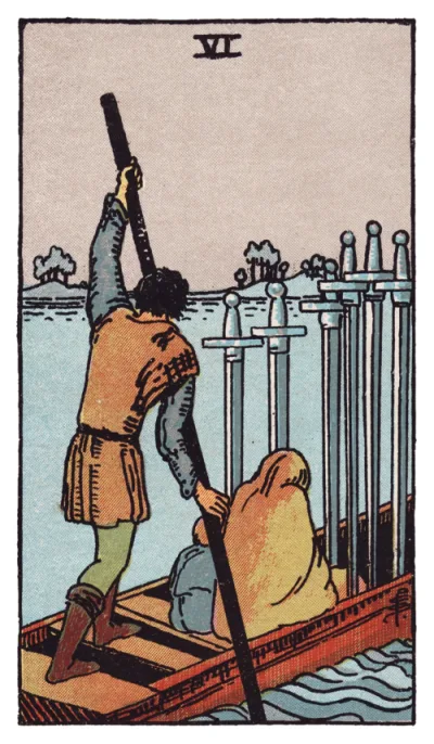 La carte Six d'Épées du tarot Rider-Waite