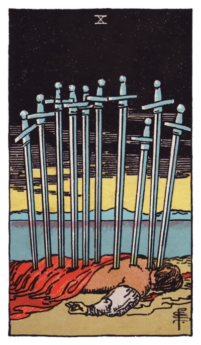 La carte Dix d'Épées du tarot Rider-Waite