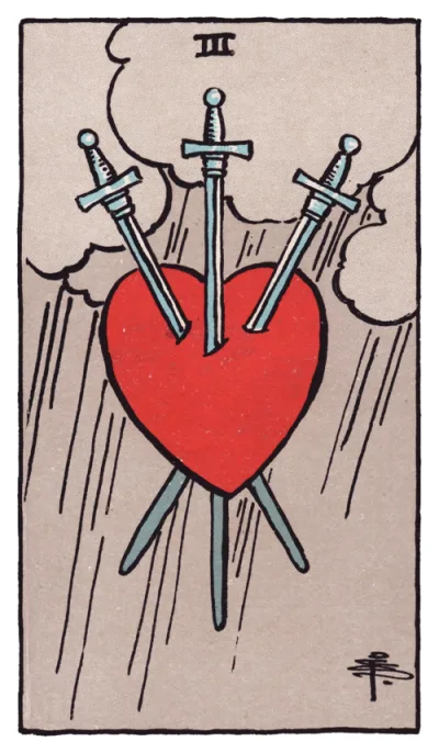 La carte Trois d'Épées du tarot Rider-Waite