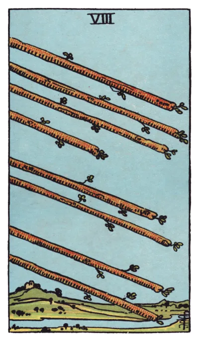 La carte Huit de Bâtons du tarot Rider-Waite