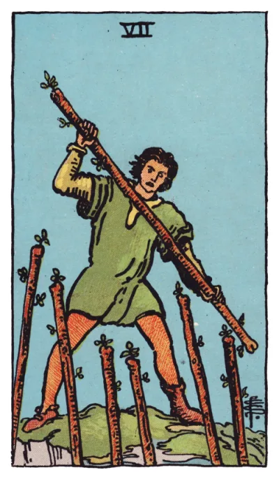 La carta Sette di Bastoni dei tarocchi Rider-Waite