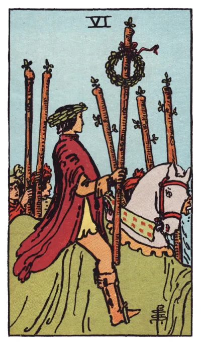 La carta Sei di Bastoni dei tarocchi Rider-Waite