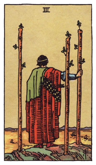La carta Tre di Bastoni dei tarocchi Rider-Waite